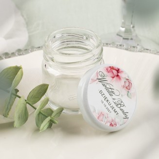 Słoiczek z zakrętką i etykietą z kolekcji Bukiet Ślubny