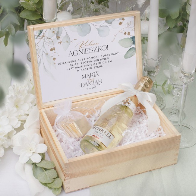 SKRZYNKA mini szampan i czekoladki Prezent dla świadkowej Ślubny Eukaliptus
