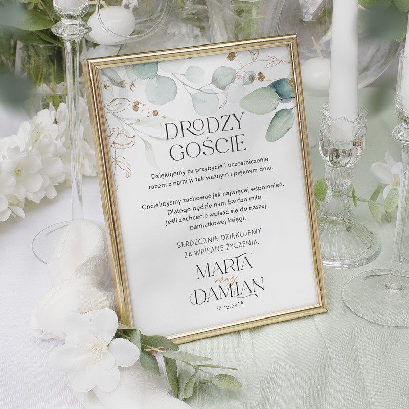 Instrukcja do księgi gości weselnych z motywem eukaliptusa.