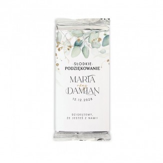 Czekolada mleczna z imionami pary młodej i datą ślubu na opakowaniu, podziękowanie ślubne