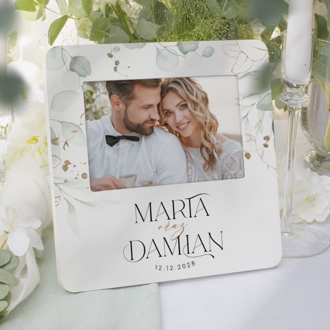 Ramka na zdjęcie ślubne z motywem eukaliptusa. Prezent dla pary młodej.