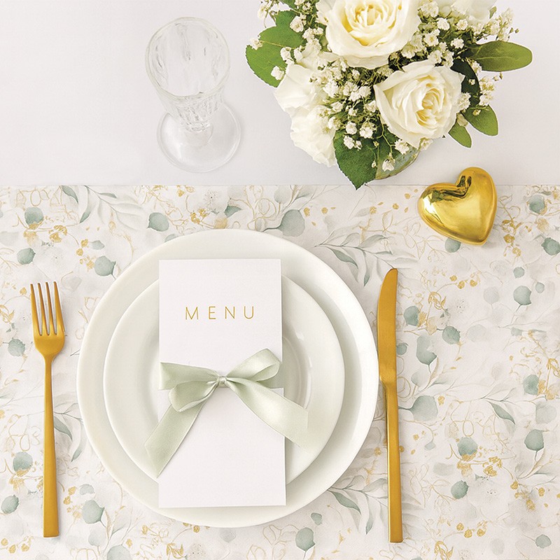 Bieżnik papierowy z motywem liści eukaliptusa.