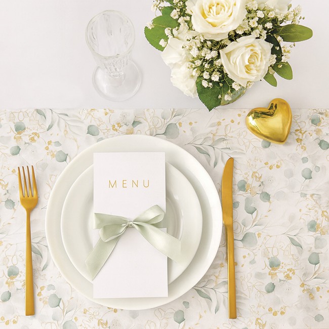 Bieżnik papierowy z motywem liści eukaliptusa.