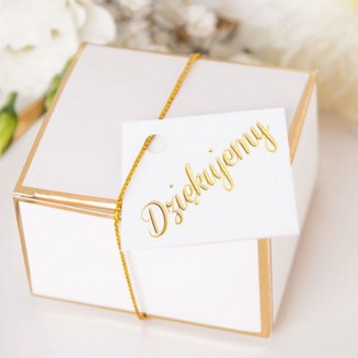 Bileciki białe ze złotym napisem dziękujemy.