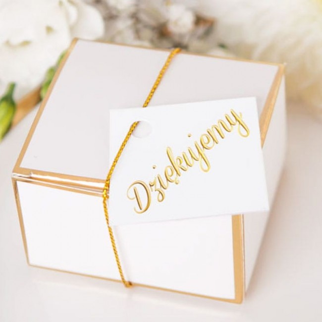 Bileciki białe ze złotym napisem dziękujemy.