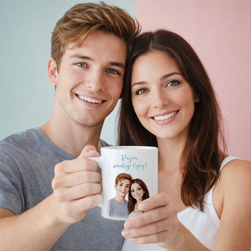 Foto kubek ze zdjęciem pary w stylu bajkowym jak z animacji Pixara.