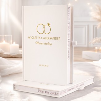 Personalizowany planer ślubny z grafiką obrączek.