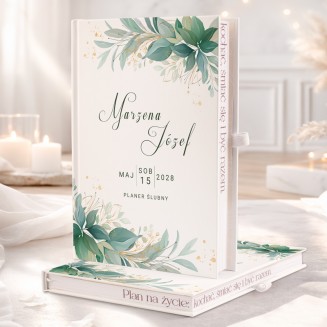 Personalizowany planer ślubny z roślinną grafiką.