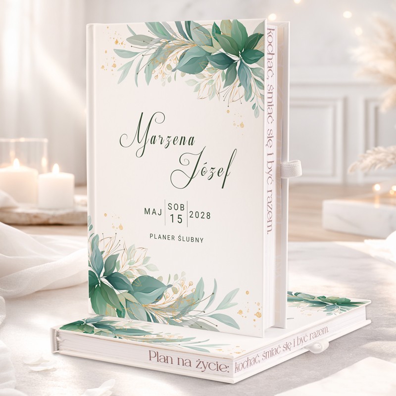 Personalizowany planer ślubny z roślinną grafiką.