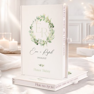 Planer ślubny z personalizowaną okładką i grafika zielonego wianka.