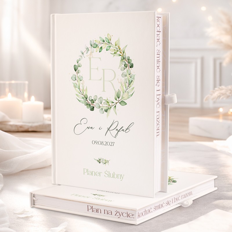 Planer ślubny z personalizowaną okładką i grafika zielonego wianka.