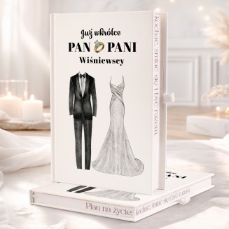 Personalizowany planer ślubny z motywem sukienki i garnituru.