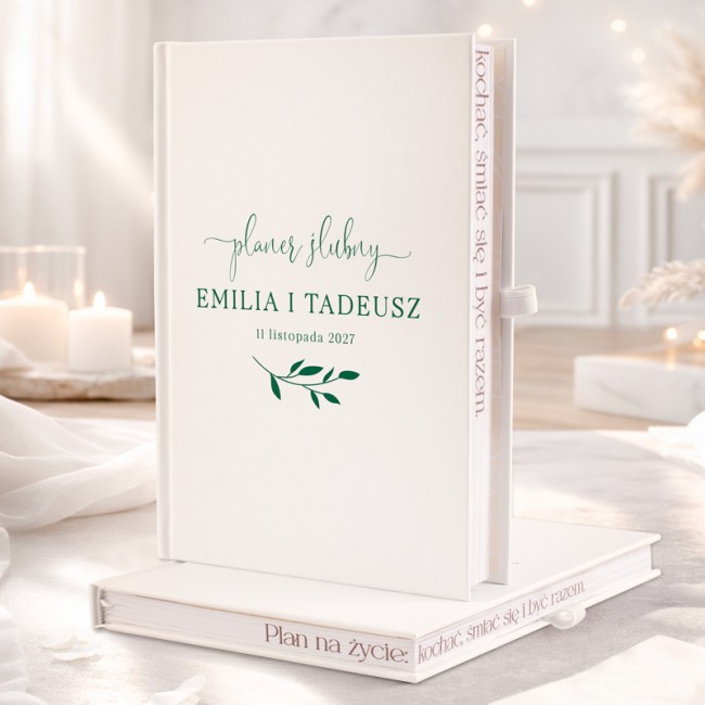 planer slubny w motywie butelkowej zieleni