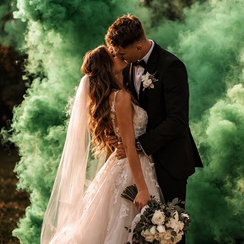 Fontanna dymna w zielonym kolorze na wesele.