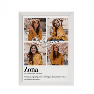 Plakat dla żony. Na plakacie zdjęcia i definicja słowa żona.