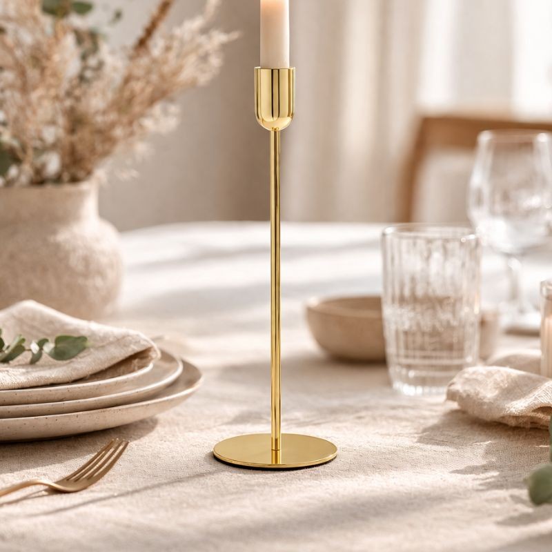 Elegancki świecznik metalowy w złotym kolorze.