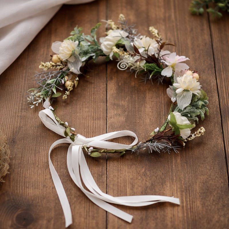 Wianek kwiatowy delikatny regulowany ze wstążeczkami.