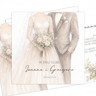 Elegancka personalizowana kartka ślubna w zestawie z kopertą.