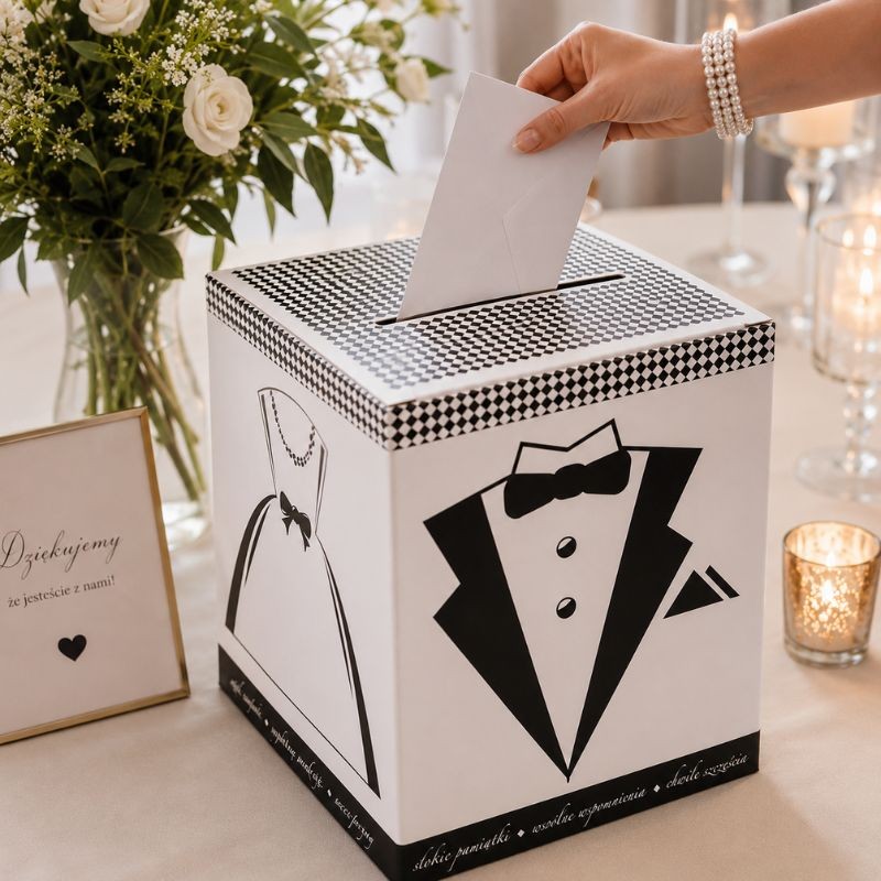 Eleganckie pudło na koperty i telegramy ślubne.