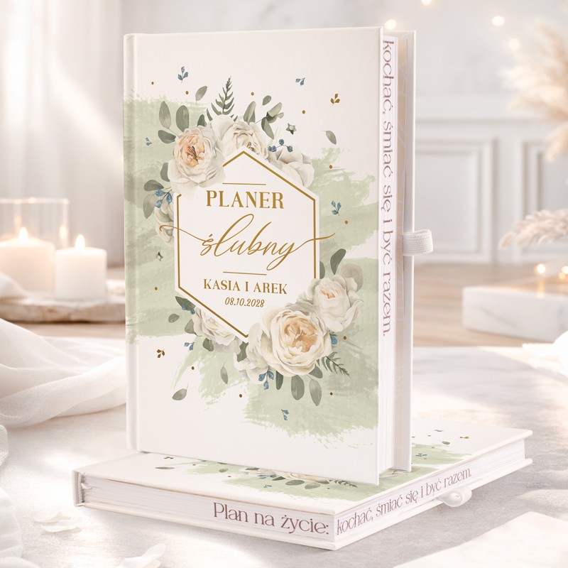 Personalizowany planer ślubny z kolorowymi brzegami.