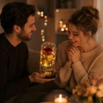 Elegancka dekoracja z różą i światłami LED.