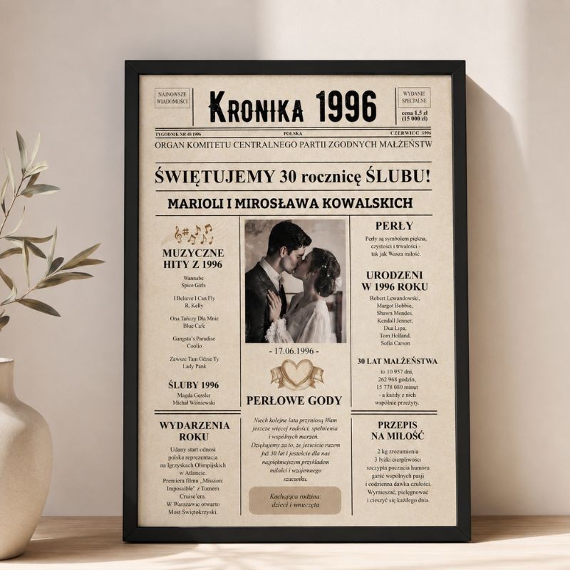 Plakat w ramie na perłową rocznicę ślubu.