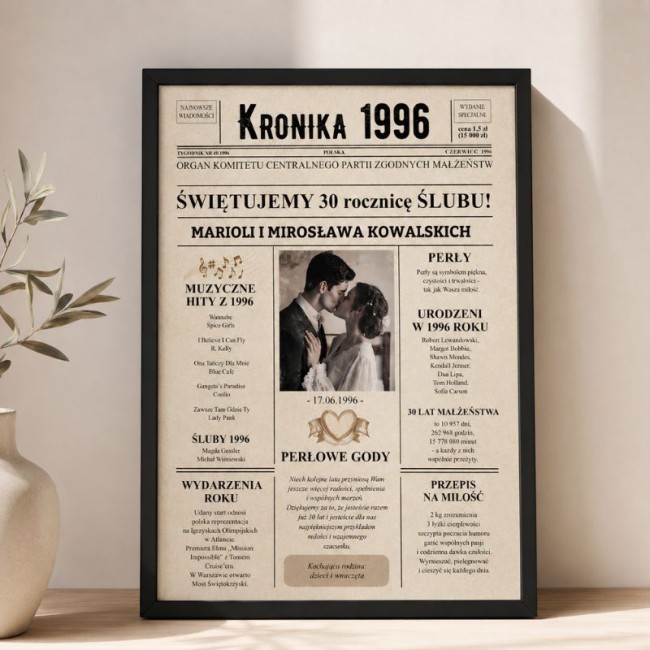 Plakat w ramie na perłową rocznicę ślubu.