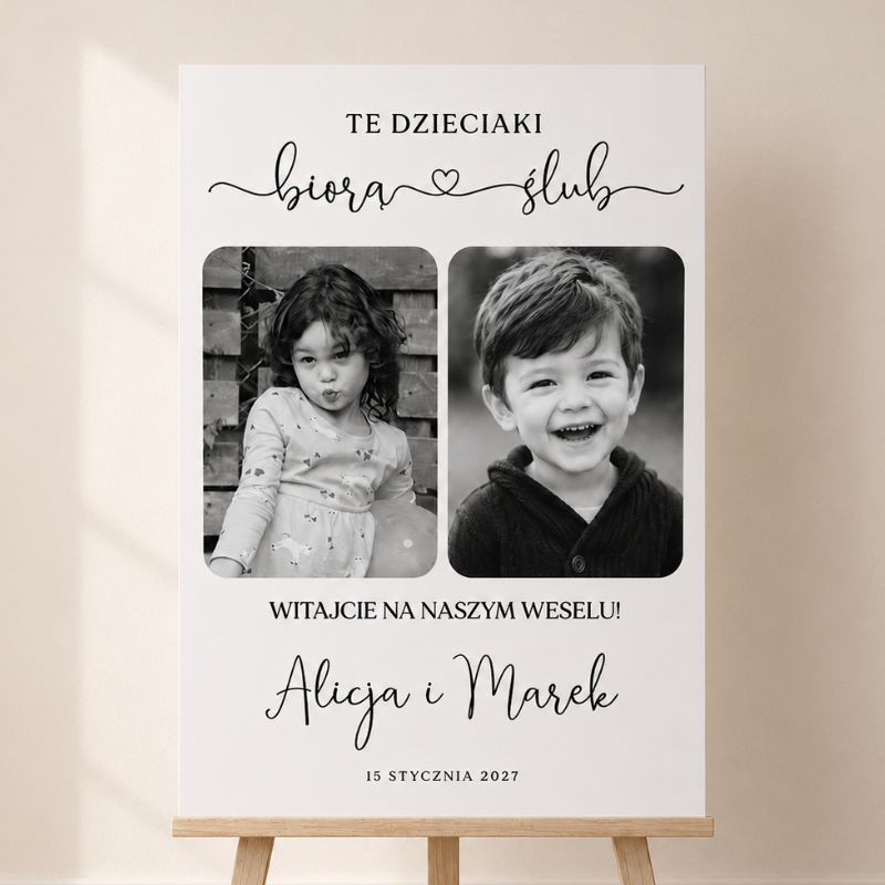 Personalizowany plakat ślubny ze zdjęciami z dzieciństwa Pary Młodej.