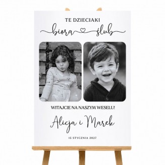 Personalizowana dekoracja weselna z fotografiami Pary Młodej. Plakat powitalny na wesele z własnymi zdjęciami.
