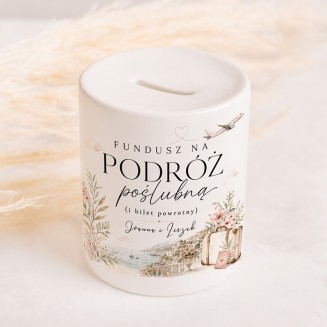 Skarbonka na fundusz podróży poślubnej z romantyczną grafiką.