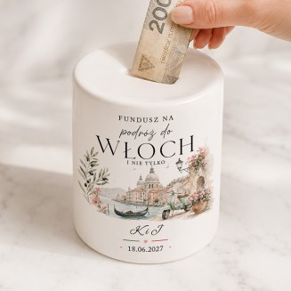 Personalizowana skarbonka fundusz na podróż do Włoch dla Pary Młodej.
