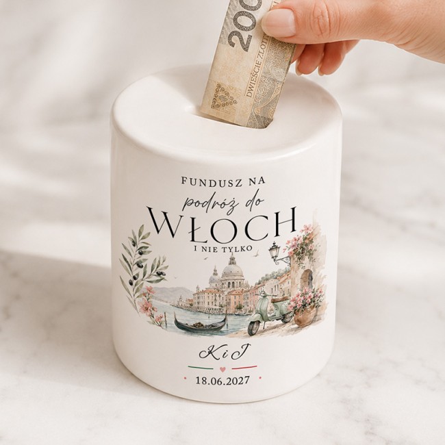 Personalizowana skarbonka fundusz na podróż do Włoch dla Pary Młodej.