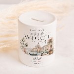 Elegancka ceramiczna skarbonka na ślub z imionami nowożeńców.