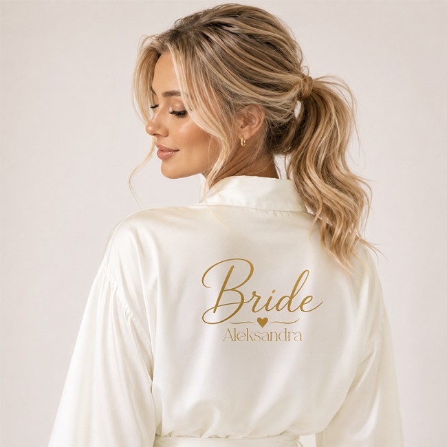 SZLAFROK Satynowy Personalizowany Bride z Imieniem i Serduszkiem