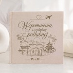 Welurowa księga wspomnień z podróży poślubnej do Japonii z grawerem góry Fuji, pagody, torii i walizki