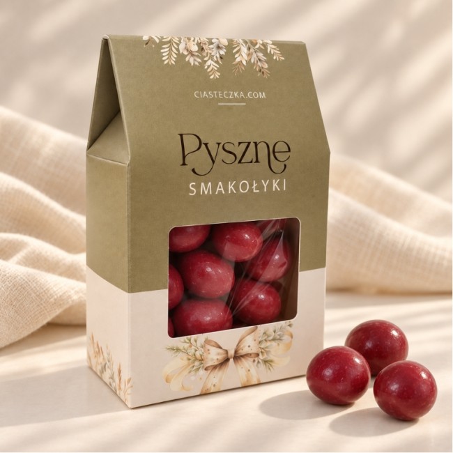 Wiśnie w czekoladzie w oliwkowo-kremowym pudełeczku z okienkiem jako eleganckie podziękowanie ślubne dla gości.