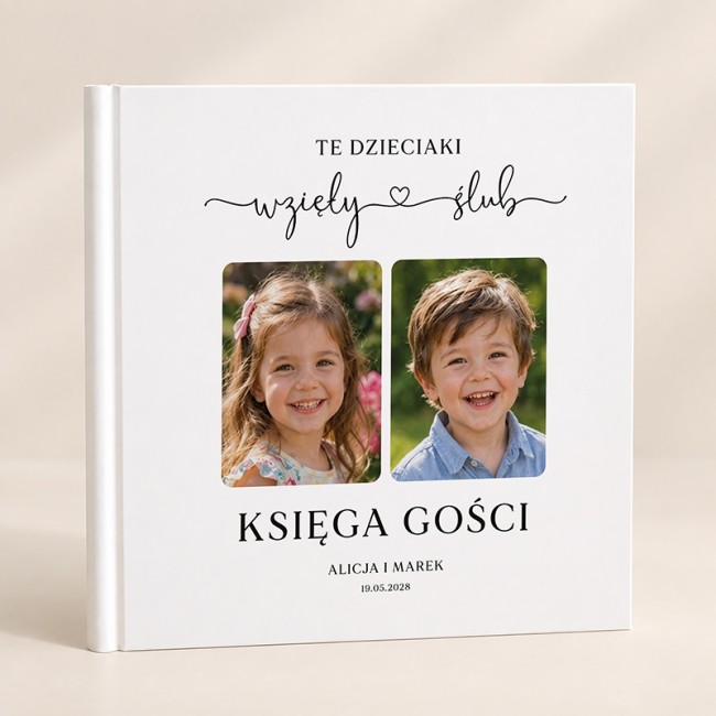 Personalizowana księga gości ze zdjęciami Pary Młodej z dzieciństwa, imionami i datą ślubu.