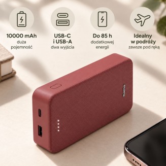 Burgundowy powerbank Hama 10000 mAh z portami USB-C i USB-A oraz oznaczeniem dodatkowej energii do 85 godzin.