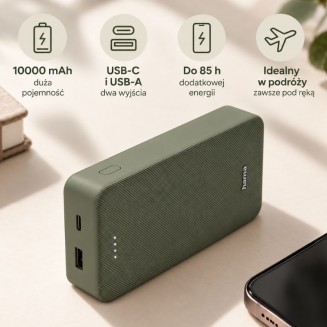 Zielony powerbank Hama 10000 mAh z USB-C i USB-A jako praktyczny element zestawu prezentowego dla świadka lub świadkowej.