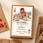 Personalizowane karty do gry ze zdjęciem Pary Młodej, imionami i datą ślubu jako podziękowanie dla gości weselnych.