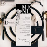 Rozpiska dań w postaci menu weselnego. Karta zachowana jest w biało-czarnej kolorystyce.