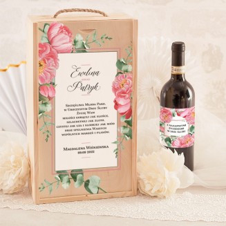 SKRZYNIA na 2 wina prezent dla Pary Młodej Dzikie Róże RÓŻOWE (+etykiety)