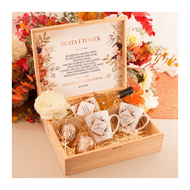 Skrzynka personalizowana pomysłowy prezent na ślub dla młodej pary Barwy Jesieni