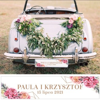 Tablica personalizowana z kwiatowym wzorem. Ślubna dekoracja samochochodu na wesele.