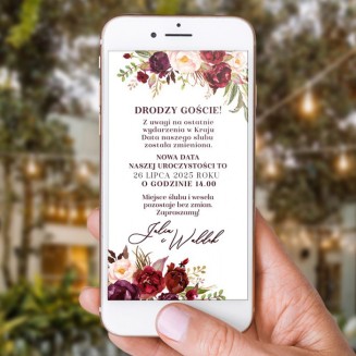 ZAWIADOMIENIE ślubne elektroniczne w formie eleganckiego pliku z kwiatami w kolorze marsala i Waszym tekstem.