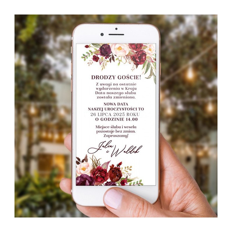 ZAWIADOMIENIE ślubne elektroniczne w formie eleganckiego pliku z kwiatami w kolorze marsala i Waszym tekstem.