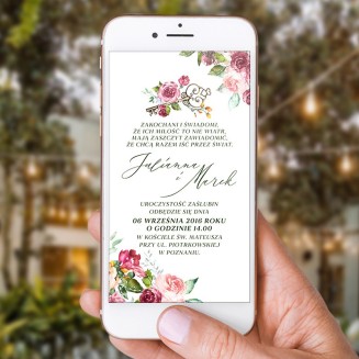 Zaproszenie ślubne w formie elektronicznej. Może być też zaproszeniem ślubnym. Kwiatowa grafika z kluczem otacza Wasz tekst.