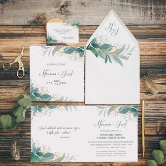 ZAPROSZENIE ślubne personalizowane. W zestawie biała koperta. Grafika z zielonymi gałązkami i listkami.