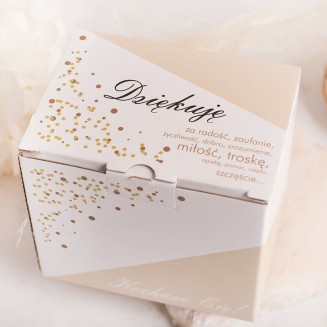 MIÓD dla gości weselnych w opakowaniu. Białe pudełko z beżowo-złotymi akcentami. Napis ""Dziękujemy"".