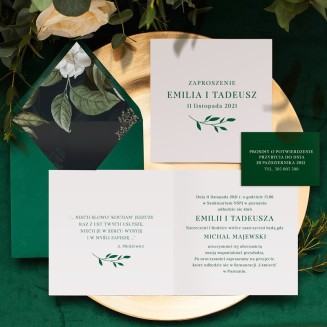 Zaproszenie na ślub biało-zielone. Otwierana karta z kopertą w zestawie. Dołączony bilecik RSVP.